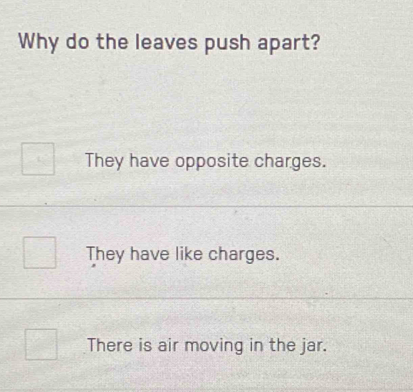 Why do the leaves push apart?
They have opposite charges.
They have like charges.
There is air moving in the jar.