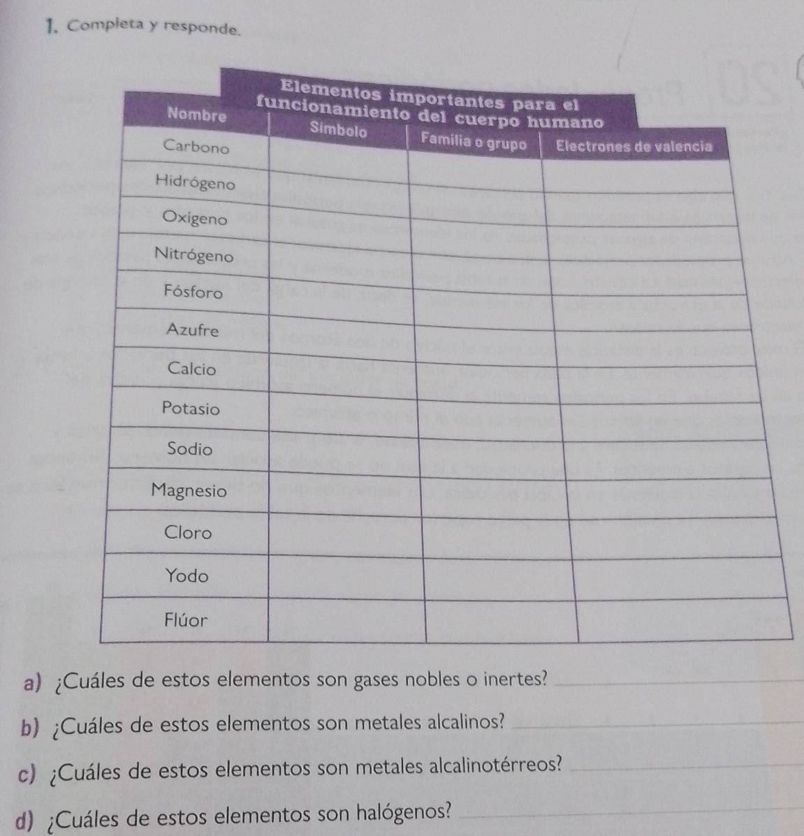 Completa y responde. 
a) ¿Cuáles de estos elementos son gases nobles o inertes?_ 
b) ¿Cuáles de estos elementos son metales alcalinos?_ 
c) ¿Cuáles de estos elementos son metales alcalinotérreos?_ 
d) ¿Cuáles de estos elementos son halógenos?_