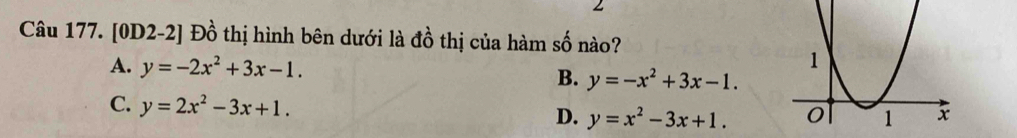 [0D2-2] Đồ thị hình bên dưới là đồ thị của hàm số nào?
A. y=-2x^2+3x-1. B. y=-x^2+3x-1.
C. y=2x^2-3x+1. D. y=x^2-3x+1.