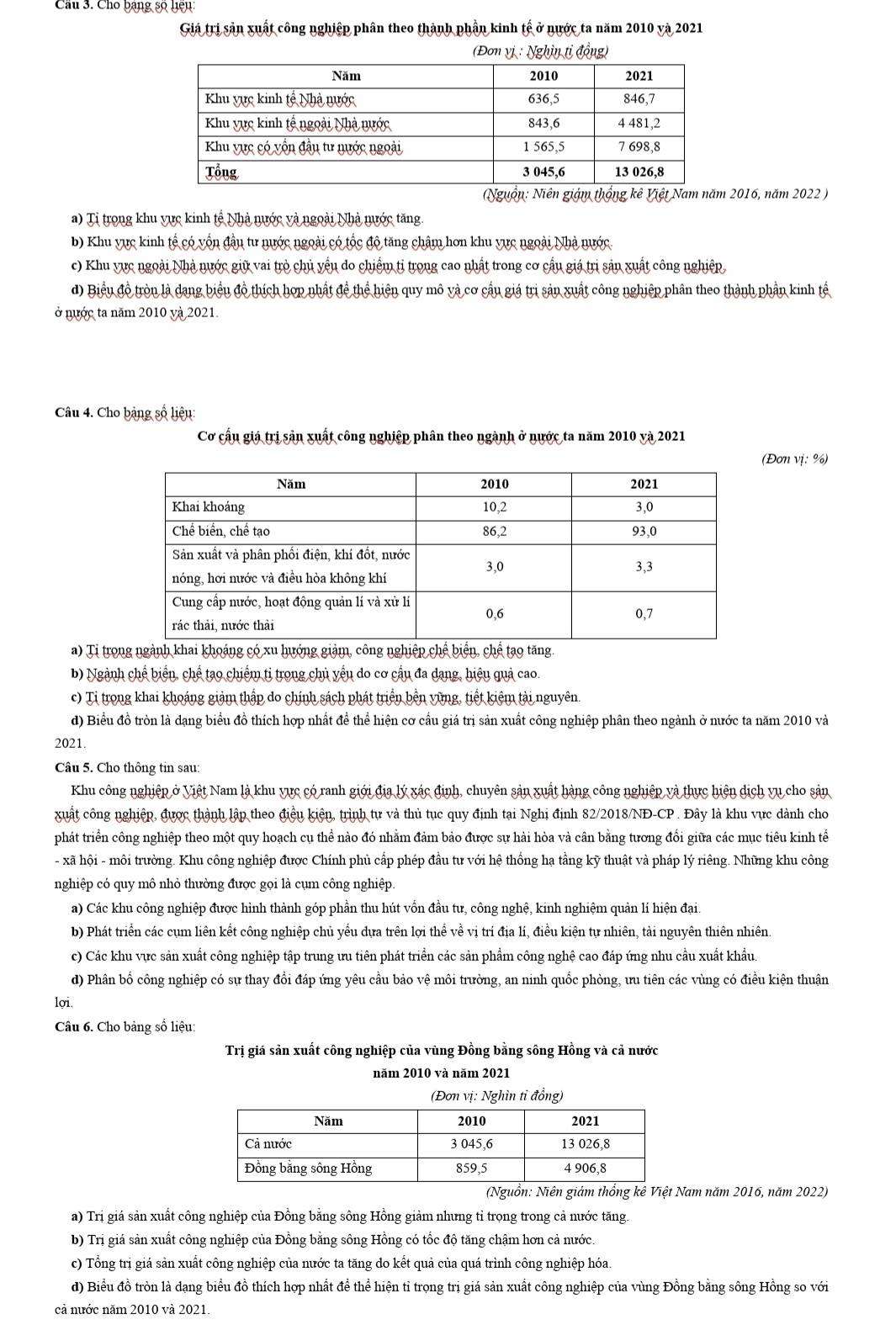 Cầu 3. Cho bang số hiệu:
Giá trị sản xuất công nghiệp phân theo thành phần kinh tế ở nước ta năm 2010 và 2021
(Đơn vị : Nghịn tỉ đồng)
(Nguồn: Niên giám thống kê Việt Nam năm 2016, năm 2022 )
a) Tỉ trong khu vực kinh tế Nhà nước và ngoài Nhà nước tăng.
b) Khu vực kinh tế có vốn đầu tư nước ngoài có tốc độ tăng châm hơn khu vực ngoài Nhà nước.
c) Khu vực ngoài Nhà nước giữ vai trò chủ yếu do chiếm tỉ trong cao nhất trong cơ cầu giá trị sản xuất công nghiệp
d) Biểu đồ tròn là dang biểu đồ thích hợp nhất đề thể hiện quy mô và cơ cầu giá trị sản xuất công nghiệp phân theo thành phần kinh tế
ở nước ta năm 2010 và 2021.
Câu 4. Cho bảng số liệu:
Cơ cầu giá trị sản xuất công nghiệp phân theo ngành ở nước ta năm 2010 và 2021
(Đơn vị: %)
a) Ti troáng có xu hướ
b) Ngành chế biển, chế tạo chiếm tỉ trong chủ yếu do cơ cầu đa dang, hiệu quả cao.
c) Ti trong khai khoáng giảm thấp do chính sách phát triển bền vững, tiết kiêm tài nguyên.
d) Biểu đồ tròn là dạng biểu đồ thích hợp nhất để thể hiện cơ cấu giá trị sản xuất công nghiệp phân theo ngành ở nước ta năm 2010 và
2021.
Câu 5. Cho thông tin sau:
Khu công nghiệp ở Việt Nam là khu vực có ranh giới địa lý xác định, chuyên sản xuất hàng công nghiệp và thực hiện dịch vụ cho sản
xuất công nghiệp, được thành lập theo điều kiện, trình tự và thủ tục quy định tại Nghị định 82/2018/NĐ-CP. Đây là khu vực dành cho
phát triển công nghiệp theo một quy hoạch cụ thể nào đó nhằm đảm bảo được sự hải hòa và cân bằng tương đổi giữa các mục tiêu kinh tể
- xã hội - môi trường. Khu công nghiệp được Chính phủ cấp phép đầu tư với hệ thống hạ tằng kỹ thuật và pháp lý riêng. Những khu công
nghiệp có quy mô nhỏ thường được gọi là cụm công nghiệp.
a) Các khu công nghiệp được hình thành góp phần thu hút vốn đầu tư, công nghệ, kinh nghiệm quản lí hiện đại.
b) Phát triển các cụm liên kết công nghiệp chủ yếu dựa trên lợi thể về vị trí địa lí, điều kiện tự nhiên, tài nguyên thiên nhiên.
c) Các khu vực sản xuất công nghiệp tập trung ưu tiên phát triển các sản phẩm công nghệ cao đáp ứng nhu cầu xuất khẩu.
d) Phân bố công nghiệp có sự thay đổi đáp ứng yêu cầu bảo vệ môi trường, an ninh quốc phòng, ưu tiên các vùng có điều kiện thuận
lợi.
Câu 6. Cho bảng số liệu:
Trị giá sản xuất công nghiệp của vùng Đồng bằng sông Hồng và cả nước
năm 2010 và năm 2021
(Đơn vị: Nghìn tỉ đồng)
(Nguồn: Niên giám thống kê Việt Nam năm 2016, năm 2022)
a) Trị giá sản xuất công nghiệp của Đồng bằng sông Hồng giảm nhưng tỉ trọng trong cả nước tăng.
b) Trị giá sản xuất công nghiệp của Đồng bằng sông Hồng có tốc độ tăng chậm hơn cả nước.
c) Tổng trị giá sản xuất công nghiệp của nước ta tăng do kết quả của quá trình công nghiệp hóa.
d) Biểu đồ tròn là dạng biểu đồ thích hợp nhất để thể hiện tỉ trọng trị giá sản xuất công nghiệp của vùng Đồng bằng sông Hồng so với
cả nước năm 2010 và 2021.