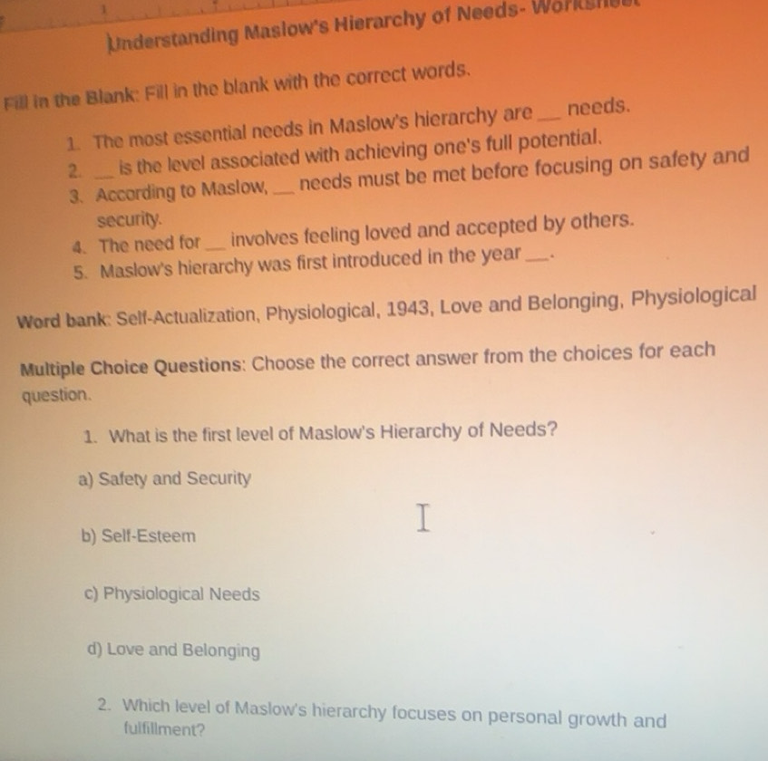 Solved: Understanding Maslow's Hierarchy of Needs- Workshe Fill in the ...