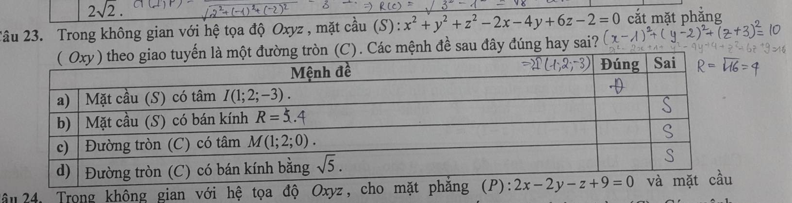 2sqrt(2).
2âu 23. Trong không gian với hệ tọa độ Oxyz , mặt cầu (S): x^2+y^2+z^2-2x-4y+6z-2=0 cắt mặt phắng
ác mệnh đề sau đây đúng hay sai?
lâu 24. Trong không gian với hệ tọa độ Oxyz,