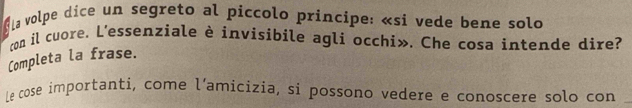 la volpe dice un segreto al piccolo principe: «si vede bene solo 
con il cuore. L'essenziale è invisibile agli occhi». Che cosa intende dire? 
Completa la frase. 
Le cose importanti, come l’amicizia, si possono vedere e conoscere solo con_