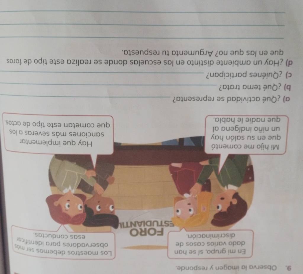 Observa la imagen y responde. 
s. 
a) ¿Qué actividad se representa?_ 
b) ¿Qué tema trata?_ 
c) ¿Quiénes participan?_ 
d) ¿Hay un ambiente distinto en las escuelas donde se realiza este tipo de foros 
que en las que no? Argumenta tu respuesta. 
_ 
_ 
_