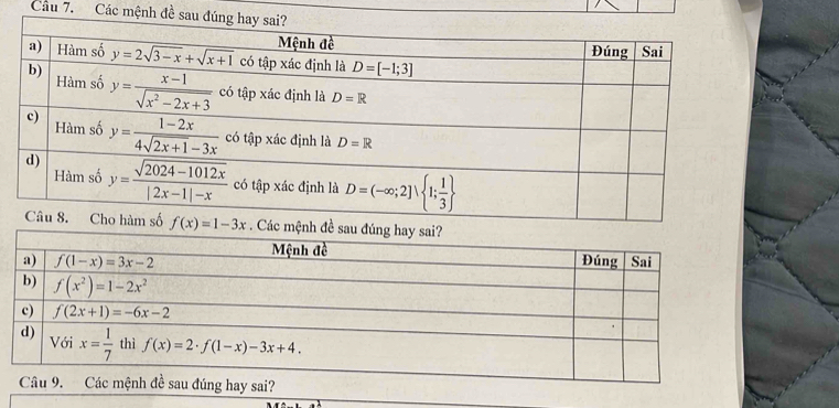 Cầu 7. Các mệnh đề sau đ
f(x)=1-3x. Các mệnh đề