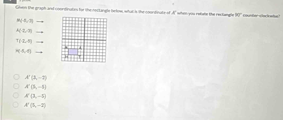 Given the graph and coordinates for the rectangle below, what is the coordinate of A' when you rotate the rectangle 90° counter-clockwise?
M(-5,-3)
A(-2,-3)
T(-2,-5)
H(-5,-5)
A'(3,-2)
A'(5,-5)
A'(3,-5)
A'(5,-2)