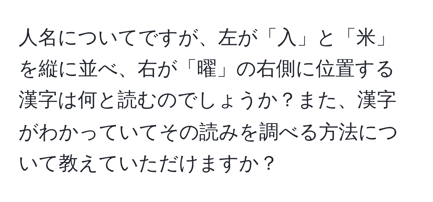 人名についてですが、左が「入」と「米」を縦に並べ、右が「曜」の右側に位置する漢字は何と読むのでしょうか？また、漢字がわかっていてその読みを調べる方法について教えていただけますか？