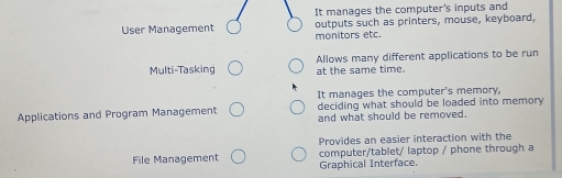 It manages the computer's inputs and 
outputs such as printers, mouse, keyboard, 
User Management monitors etc. 
Multi-Tasking Allows many different applications to be run 
at the same time. 
It manages the computer's memory, 
deciding what should be loaded into memory 
Applications and Program Management and what should be removed. 
Provides an easier interaction with the 
File Management Graphical Interface. computer/tablet/ laptop / phone through a