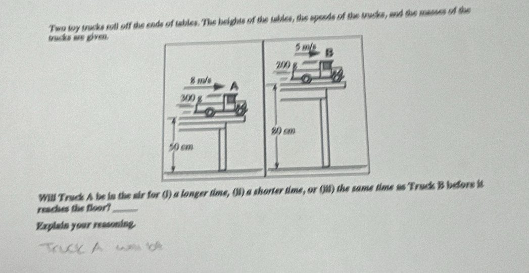 Two toy trucks roil off the ends of tables. The heights of the tables, the speeds of the trucks, and the masses of the 
trucks ire given. 
Will Truck A be in the sir for (j) a longer time, (jI) a shorter time, or (jif) the same time 2s Truck B before it 
reaches the floor?_ 
Explain your reasoning.