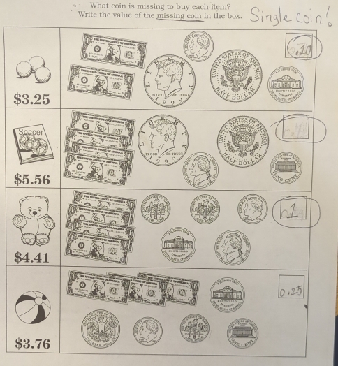 What coin is missing to buy each item? 
Write the value of the missing coin in the box.
$
$
$
$