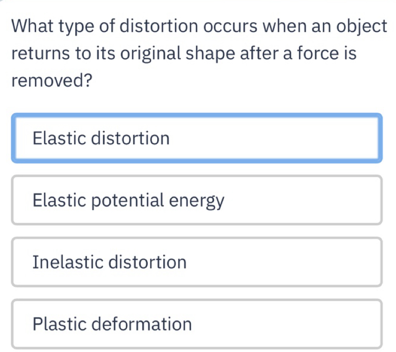 Solved: What type of distortion occurs when an object returns to its ...