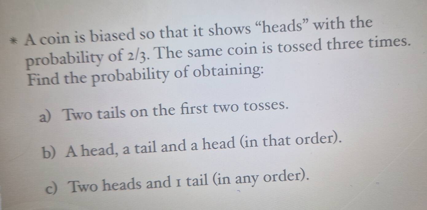 Risolto:A coin is biased so that it shows “heads” with the probability ...