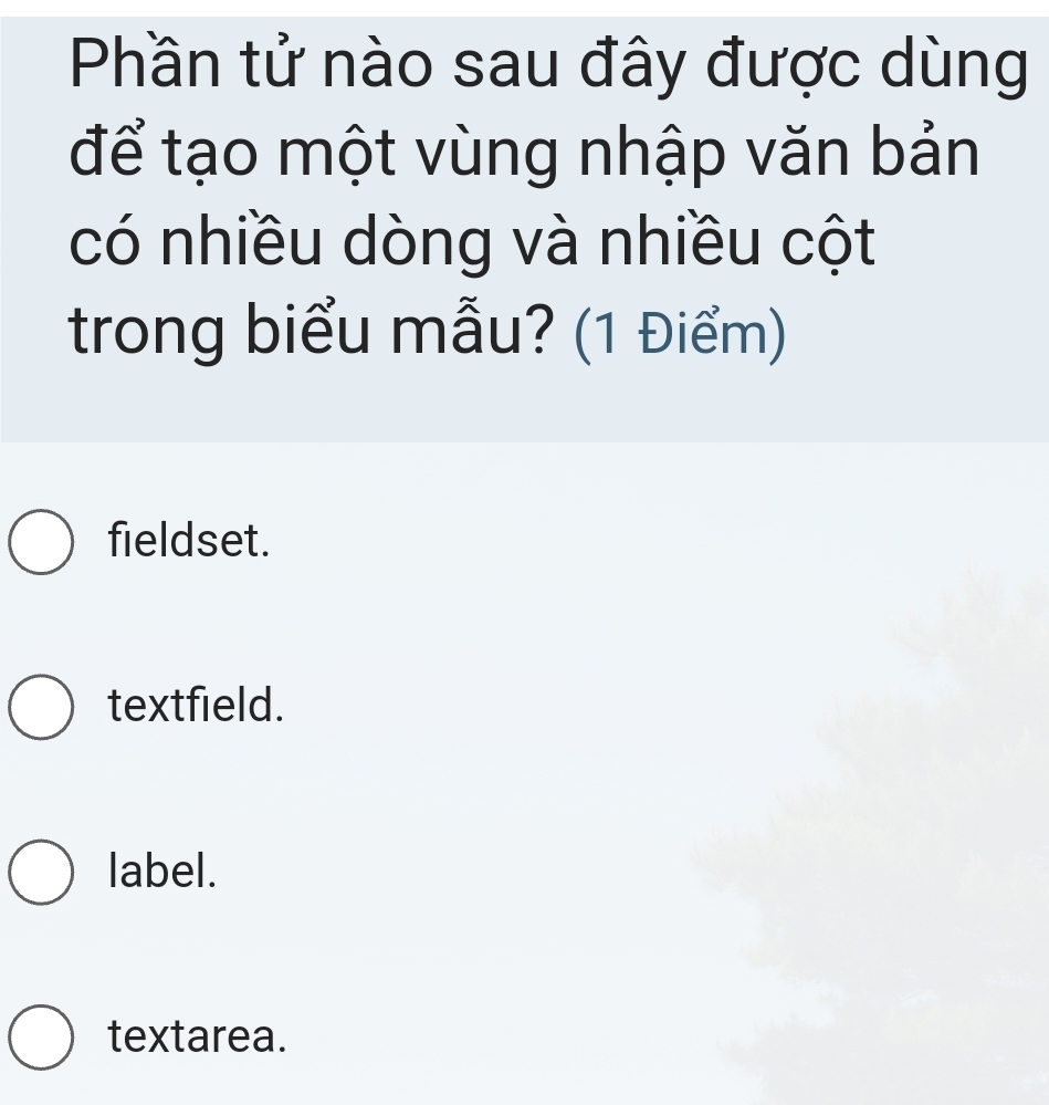 Phần tử nào sau đây được dùng
để tạo một vùng nhập văn bản
có nhiều dòng và nhiều cột
trong biểu mẫu? (1 Điểm)
fieldset.
textfield.
label.
textarea.