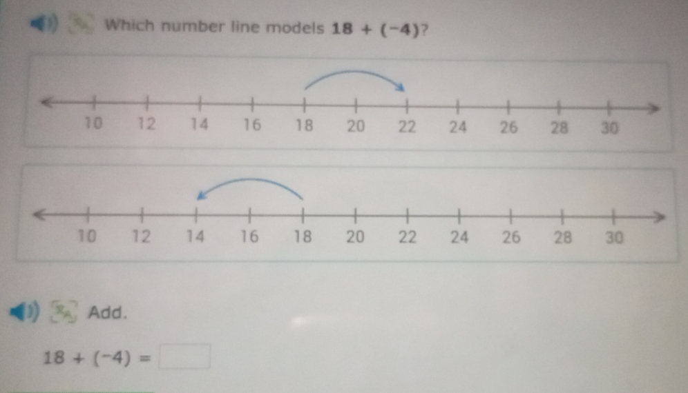 (1) Which number line models 18+(-4) ? 
D) Add.
18+(-4)=□