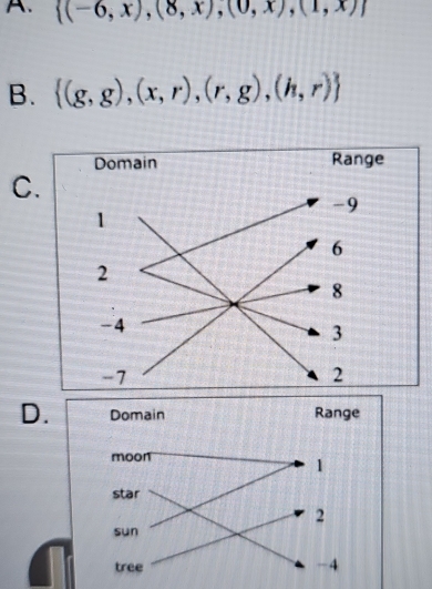  (-6,x),(8,x),(0,x),(1,x)
B.  (g,g),(x,r),(r,g),(h,r)
C 
D.
