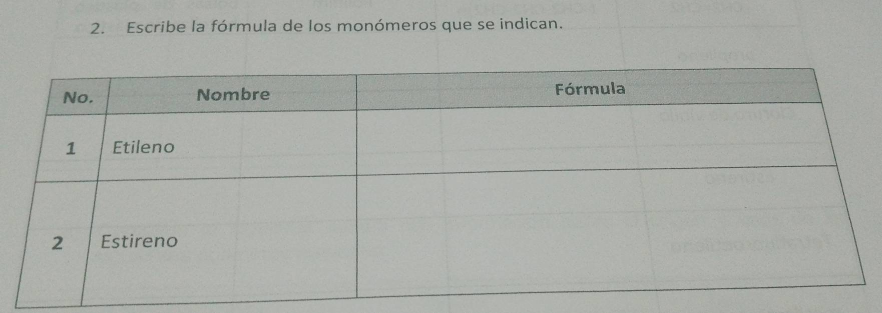 Escribe la fórmula de los monómeros que se indican.