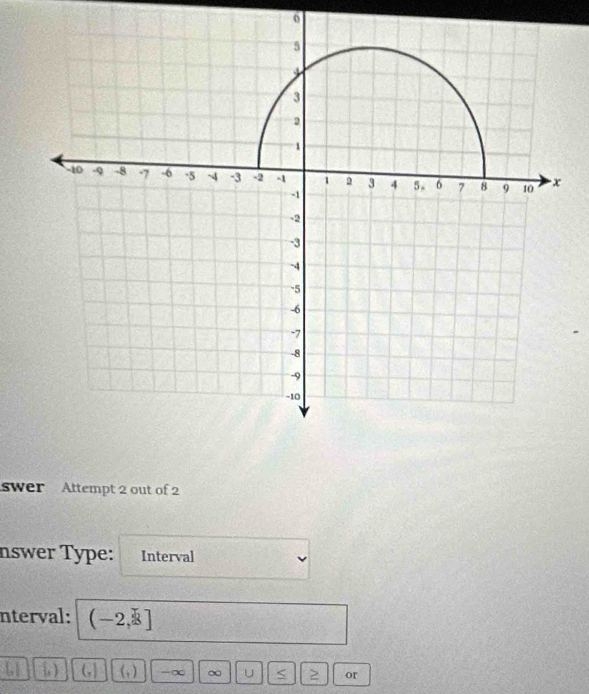 swer Attempt 2 out of 2 
nswer Type: Interval 
nterval: (-2,3]
h ) Gj) (1) -∞ ∞ U < > or