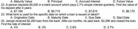 A. Maturity Value B. Principal C. Accrued Interest D. Future Value
22. A person deposits $5,000 in a bank account which pays 2.7% simple interest quarterly. Find the value of
his deposit after 4 years. D. $6,170
A. $7,160 B. $6,710 C. $7.610
23. What term is used for the specific date on which a loan is issued or taken?
A. Origination Date B. Maturity Date C. Due Date D. Start Date
24. Jeorge received $2,250 loan from the bank. After six months, he paid back $2,295 and closed the loan.
Find the rate of interest.
A. 4% B. 3% C. 2.6% D. 3.7%