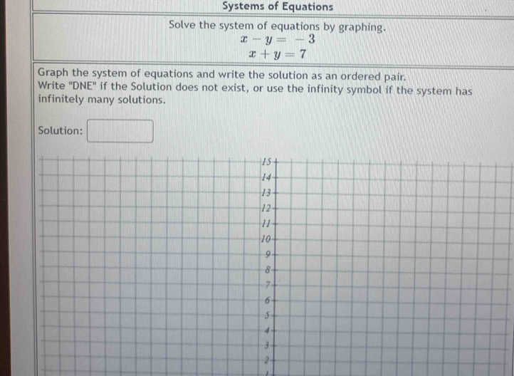 Systems of Equations 
Solve the system of equations by graphing.
x-y=-3
x+y=7
Graph the system of equations and write the solution as an ordered pair. 
Write 'DNE" if the Solution does not exist, or use the infinity symbol if the system has 
infinitely many solutions. 
Solution: □ 
1