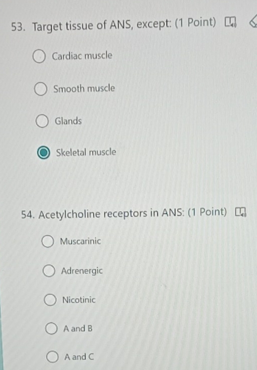 Target tissue of ANS, except: (1 Point)
Cardiac muscle
Smooth muscle
Glands
Skeletal muscle
54. Acetylcholine receptors in ANS: (1 Point)
Muscarinic
Adrenergic
Nicotinic
A and B
A and C