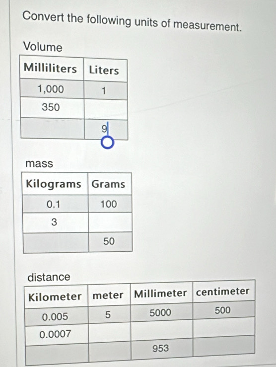 Convert the following units of measurement. 
Volume 
mass