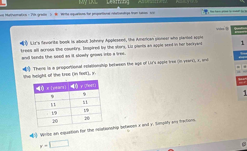 MyIxL Learning Assessment Analytics 
ve Mathematics - 7th grade Write equations for proportional relationships from tables N9F You have prizes to reveal! Go to 
Video 6 Question 
answere 
Liz's favorite book is about Johnny Appleseed, the American pioneer who planted apple 
trees all across the country. Inspired by the story, Liz plants an apple seed in her backyard 
1 
and tends the seed as it slowly grows into a tree. Time 
etaps 
There is a proportional relationship between the age of Liz's apple tree (in years), x, and
0 0
the height of the tree (in feet), y. 
H9 MI 
Smart 
out of 
1 
Write an equation for the relationship between x and y. Simplify any fractions.
y=□