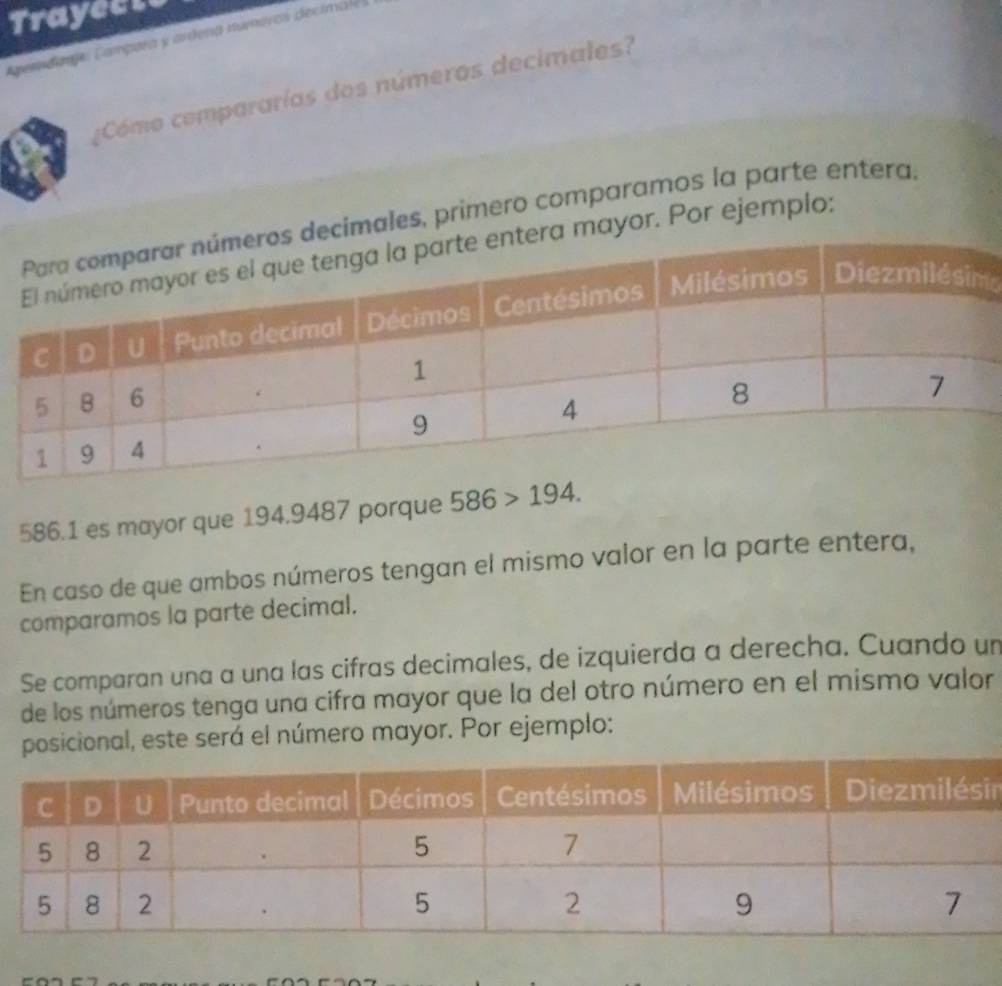 Trayecie 
Agemdanje: C ampara y ardena numaros decimai 
¿Cómo compararías dos númeras decimales? 
cimales, primero comparamos la parte entera, 
ayor. Por ejemplo: 
o
586.1 es mayor que 194.9487 porque 586>194. 
En caso de que ambos números tengan el mismo valor en la parte entera, 
comparamos la parte decimal. 
Se comparan una a una las cifras decimales, de izquierda a derecha. Cuando un 
de los números tenga una cifra mayor que la del otro número en el mismo valor 
posicional, este será el número mayor. Por ejemplo: 
in