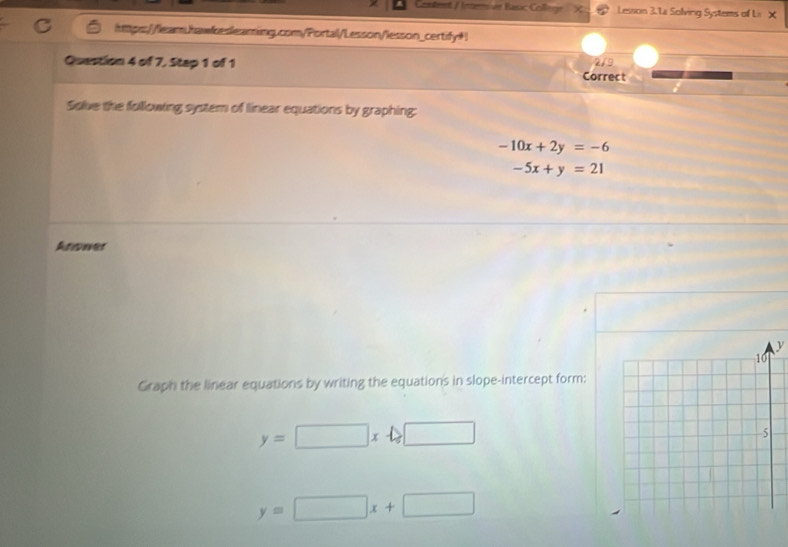 ondemt / Inersive Basac College X Lesson 3.Li Solving Systems of Li X 
htttps://leam.hawcesleaming.com/Portal/Lesson/lesson_certify+ 
Quastion 4 of 7, Stap 1 of 1 
21 
Correct 
Solve the following system of linear equations by graphing:
-10x+2y=-6
-5x+y=21
Ansmer
y
Graph the linear equations by writing the equations in slope-intercept form:
y=□ x-□
y=□ x+□