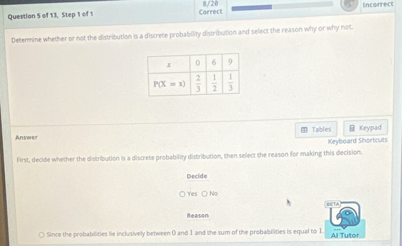 8/20
Question 5 of 13, Step 1 of 1 Correct Incorrect
Determine whether or not the distribution is a discrete probability distribution and select the reason why or why not.
Tables Keypad
Answer
Keyboard Shortcuts
First, decide whether the distribution is a discrete probability distribution, then select the reason for making this decision.
Decide
Yes No
BETA
Reason
Since the probabilities lie Inclusively between 0 and 1 and the sum of the probabilities is equal to 1. Al Tutor