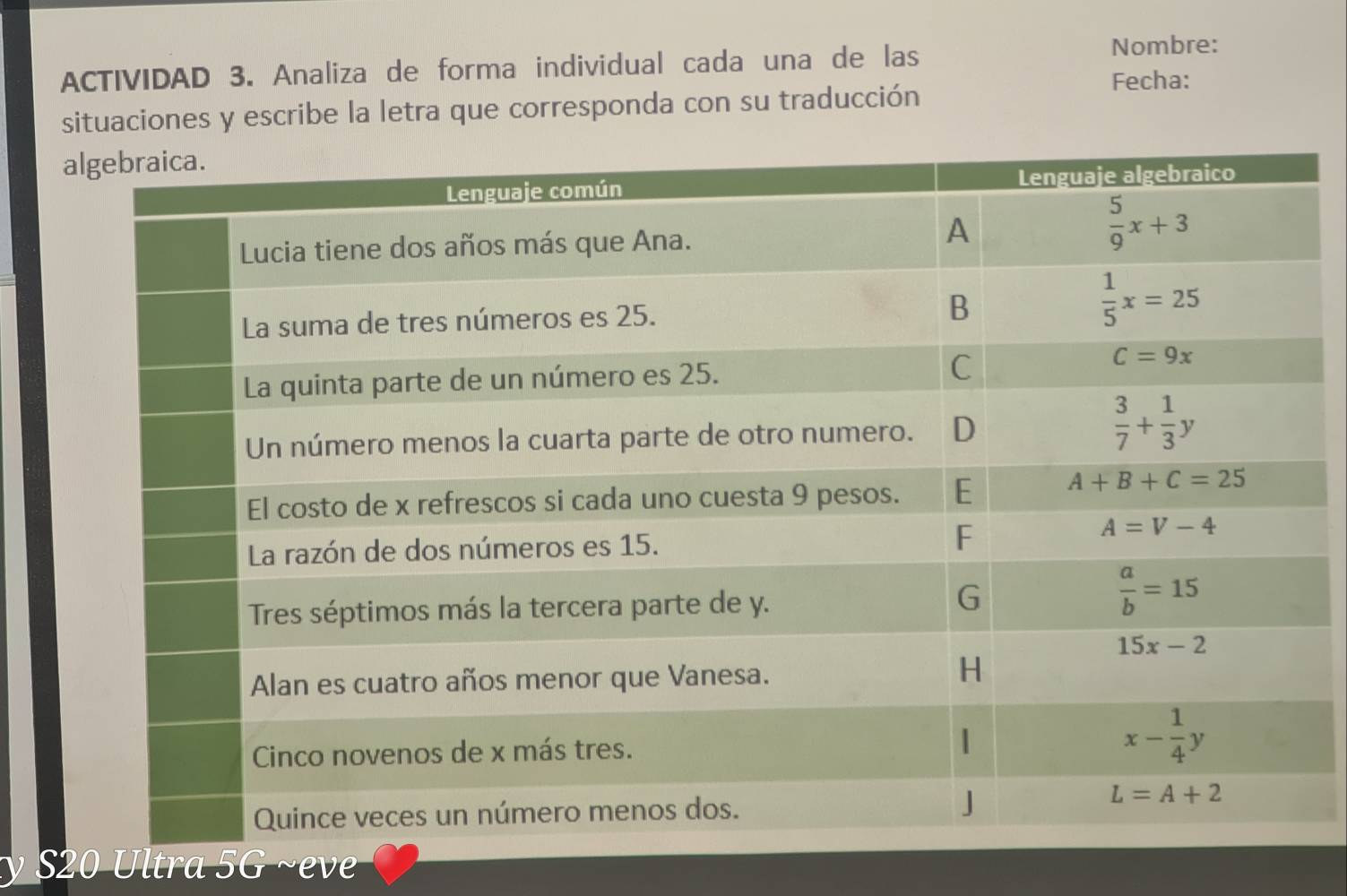 ACTIVIDAD 3. Analiza de forma individual cada una de las
Nombre:
Fecha:
situaciones y escribe la letra que corresponda con su traducción
S20 Ultra 5G ~eve