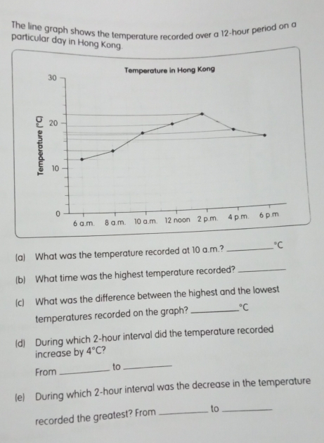 The line graph shows the temperature recorded over a 12-hour period on a 
particular day in Hong Kong. 
(a) What was the temperature recorded at 10 a.m.? _°C
(b) What time was the highest temperature recorded?_ 
(c) What was the difference between the highest and the lowest 
temperatures recorded on the graph? _°C
(d) During which 2-hour interval did the temperature recorded 
increase by 4°C ? 
From _to_ 
(e) During which 2-hour interval was the decrease in the temperature 
recorded the greatest? From _to_