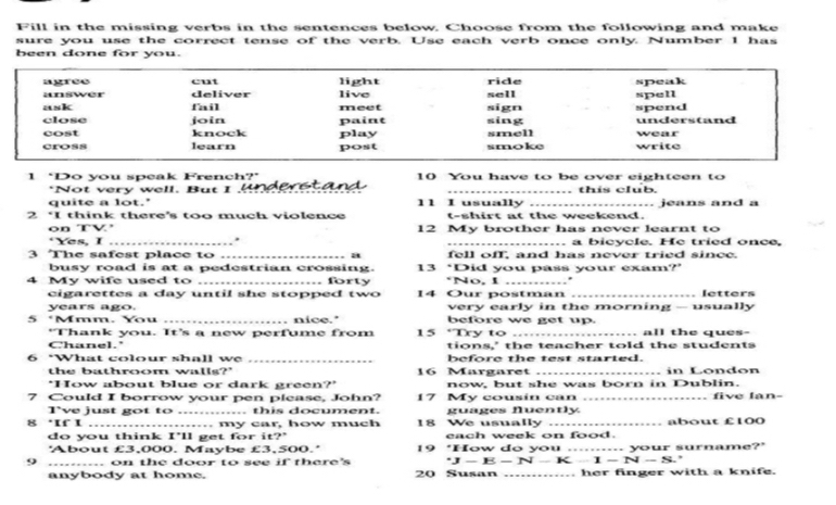 Fill in the missing verbs in the sentences below. Choose from the following and make 
sure you use the correct tense of the verb. Use each verb once only. Number 1 has 
been done for you. 
1 ‘Do you speak French?’ 10 You have to be over eighteen to 
"Not very well. But I underet and _this club. 
quite a lot.' 11 I usually 
2 ‘I think there’s too much violence t-shirt at the weekend. jeans and a 
on TV' 12 My brother has never learnt to 
‘Yes, I __. a bicycle. He tried once, 
3 The safest place to _a fell off, and has never tried since. 
busy road is at a pedestrian crossing. 13 ‘Did you pass your exam?’ 
4 My wife used to _. forty 14 Our postman ‘No, I _ 
cigarettes a day until she stopped two letters 
years ago. very early in the morning — usually 
5 ‘Mmm. You _nice." before we get up. , all the ques- 
"Thank you. It’s a new perfume from 15 ‘Try to . 
Chanel.' tions,' the teacher told the students 
6 *What colour shall we _before the test started. 
the bathroom walls?' 16 Margaret _in London 
"How about blue or dark green?' now, but she was born in Dublin. 
7 Could I borrow your pen please, John? 17 My cousin can _. five lan- 
Tve just got to _.. this document. guages Nuently 
8 *If I _my car, how much 18 We usually _about £100
do you think I'll get for it?' each week on food. 
'About £3,000. Maybe £3,500.' 19 'How do you . 
9 _. on the door to see if there's 20 Susan *J -E - N _ K-1-N-N _, your surname?' 
, 
anybody at home. , her finger with a knife.