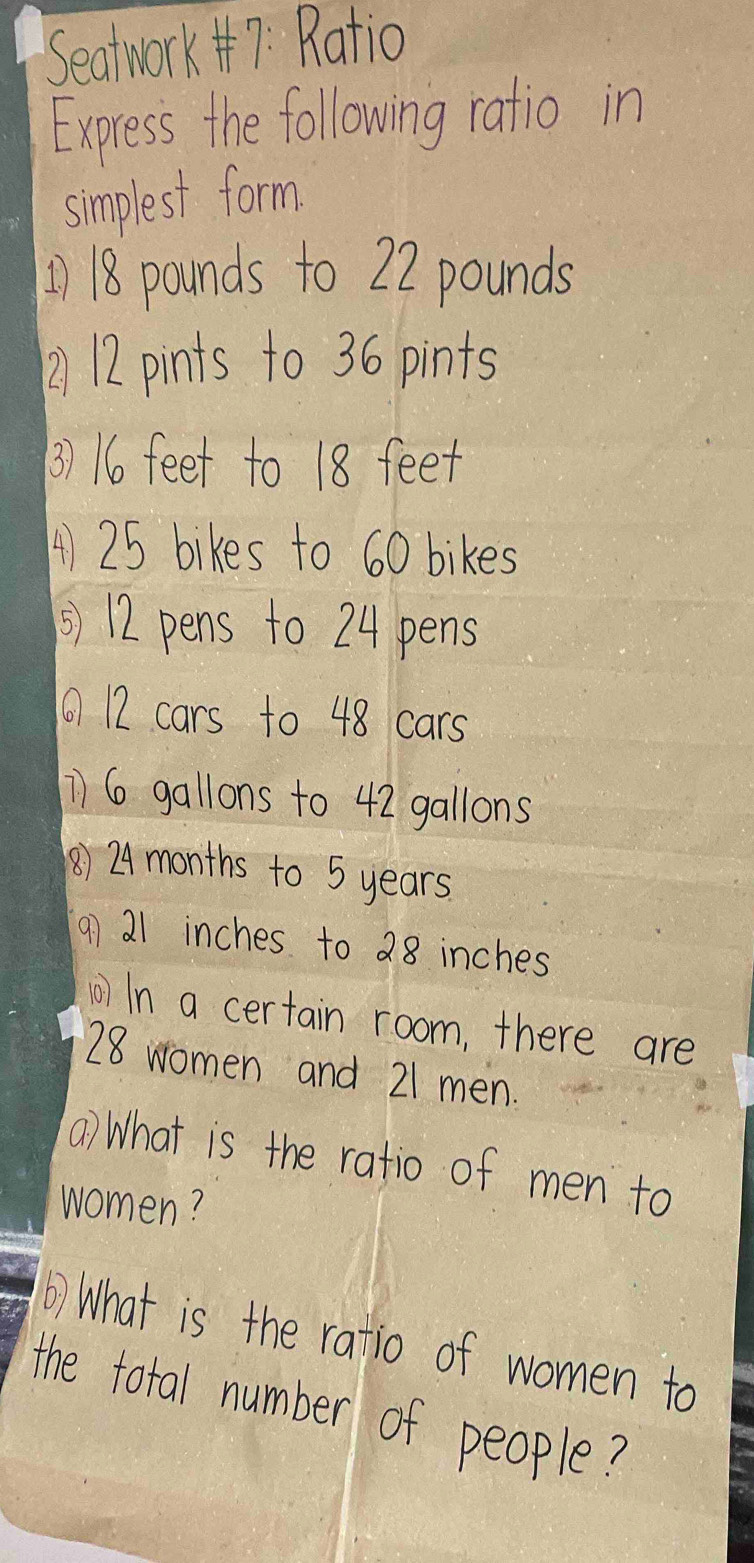 Seatwork 7: Ratio 
Express the following ratio in 
simplest form
118 pounds to 22 pounds
2112 pints to 36 pints
3) 16 feet to 18 feet
A 25 bikes to 60 bikes 
() 12 pens to 24 pens
12 cars to 48 cars 
1) 6 gallons to 42 gallons
() 24 months to 5 years. 
97 21 inches to 28 inches
) In a certain room, there are
28 women and 21 men. 
a) What is the ratio of men to 
women? 
() What is the ratio of women to 
the total number of people?