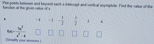 Plot points between and beyond each x-intercept and vertical asymptote. Find the value of the 
function at the given value of x
x - 4 - 3 - 1/2   1/2  3 4
f(x)= 5x^2/x^2-4 
(Simplify your answers.)