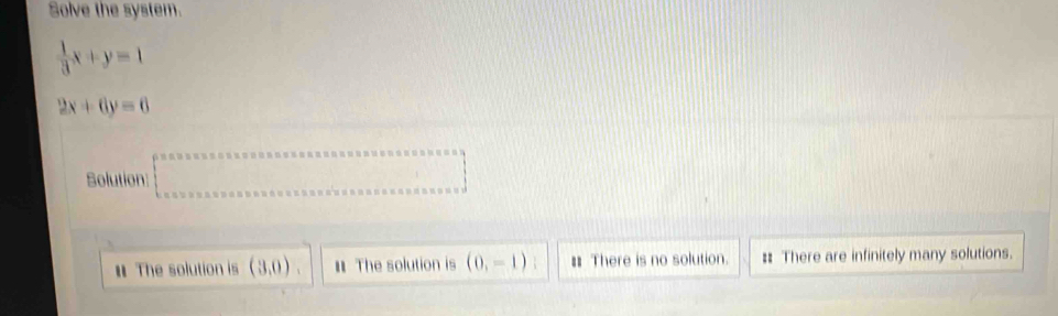 Solve the system.
 1/3 x+y=1
2x+6y=6
Solution  .5x,5* 5.5* 5.8* 5.8* 5.8* 5.8* 5.8* 5.8* 5.8* 5.8* 5.8* 5.8* 0.0.0* 0.0* 0 * 5.5* 0.8* 5* 0.0* 0.0* 0.0* 0.0* 0.0* 0.0* 0.0* 0.0* 0* 0* 0* 0.0* 0.0* 0.0* 0.00
# The solution is (3,0). # The solution is (0,-1) # There is no solution. # There are infinitely many solutions.