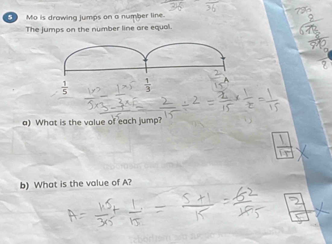 Mo is drawing jumps on a number line.
The jumps on the number line are equal.
a) What is the value of each jump?
b) What is the value of A?