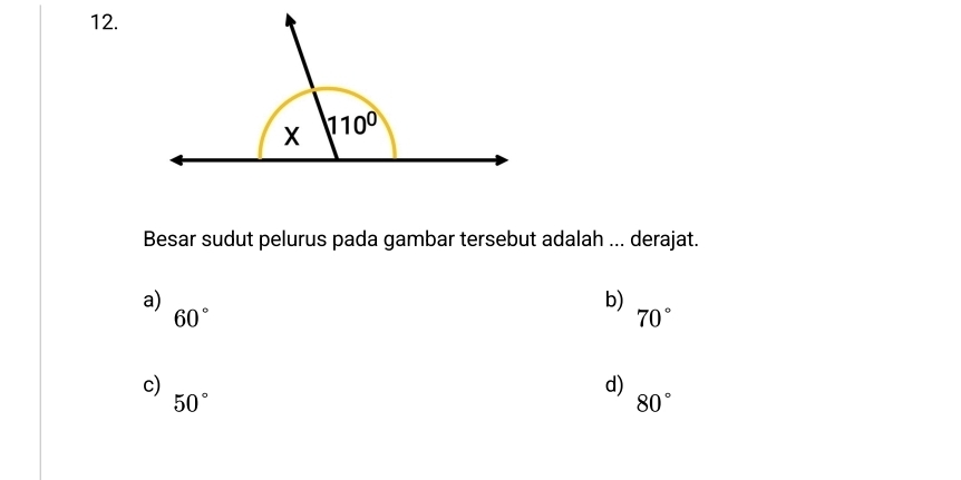 Besar sudut pelurus pada gambar tersebut adalah ... derajat.
a)
60°
b)
70°
c)
d)
50°
80°