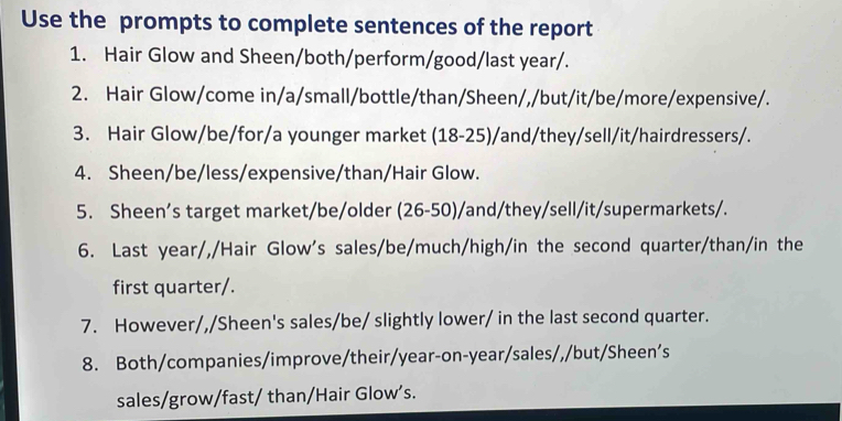 Use the prompts to complete sentences of the report 
1. Hair Glow and Sheen/both/perform/good/last year/. 
2. Hair Glow/come in/a/small/bottle/than/Sheen/,/but/it/be/more/expensive/. 
3. Hair Glow/be/for/a younger market (18-25)/and/they/sell/it/hairdressers/. 
4. Sheen/be/less/expensive/than/Hair Glow. 
5. Sheen’s target market/be/older (26-50)/and/they/sell/it/supermarkets/. 
6. Last year/,/Hair Glow's sales/be/much/high/in the second quarter/than/in the 
first quarter/. 
7. However/,/Sheen's sales/be/ slightly lower/ in the last second quarter. 
8. Both/companies/improve/their/year-on-year/sales/,/but/Sheen’s 
sales/grow/fast/ than/Hair Glow’s.