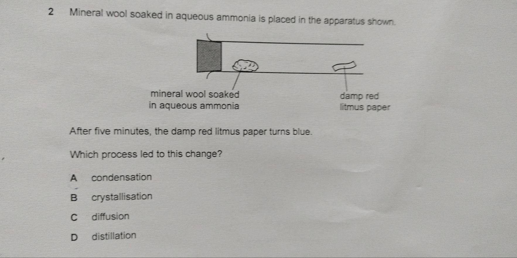 Mineral wool soaked in aqueous ammonia is placed in the apparatus shown.
mine
in aq
After five minutes, the damp red litmus paper turns blue.
Which process led to this change?
A condensation
B crystallisation
C diffusion
D distillation