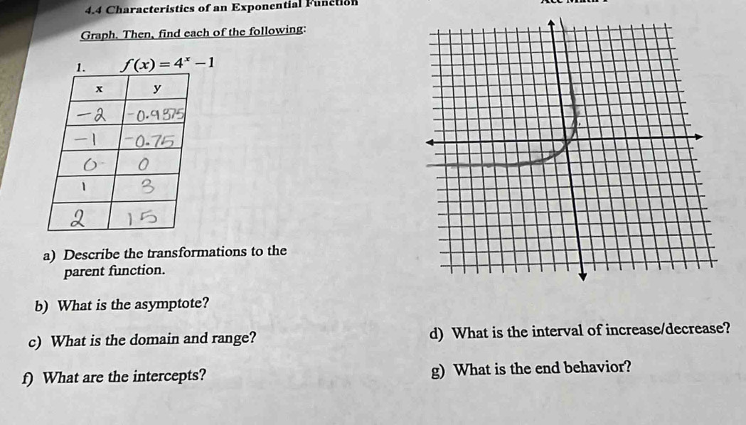 4.4 Characteristics of an Exponential Function 
Graph. Then, find each of the following:
f(x)=4^x-1
a) Describe the transformations to the 
parent function. 
b) What is the asymptote? 
c) What is the domain and range? d) What is the interval of increase/decrease? 
f) What are the intercepts? g) What is the end behavior?