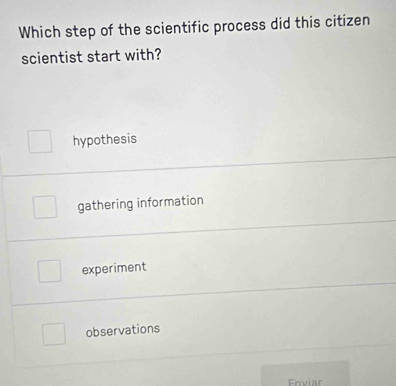 Which step of the scientific process did this citizen
scientist start with?
hypothesis
gathering information
experiment
observations
Fnviar