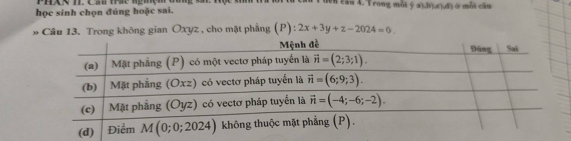 PhàN II. Cau trc ngmệm đ
dển cầu 4. Trong mỗi ý a),b),c),d) ở mỗi câu
học sinh chọn đúng hoặc sai.
» Câu 13. Trong không gian Oxyz , cho mặt phẳng (P): :2x+3y+z-2024=0