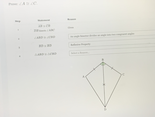 Prove: ∠ A≌ ∠ C. 
Step Statement Reason
overline AB≌ overline CB
1 DB bisects ∠ ABC Given
∠ ABD≌ ∠ CBD An angle bisector divides an angle into two congruent angles 
3 overline BD≌ overline BD Reflexive Property
△ ABD≌ △ CBD Select a Reason... 
4