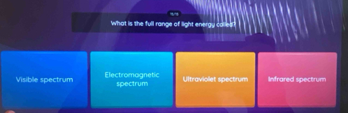 What is the full range of light energy called?
Visible spectrum Electromagnetic spectrum Ultraviolet spectrum Infrared spectrum