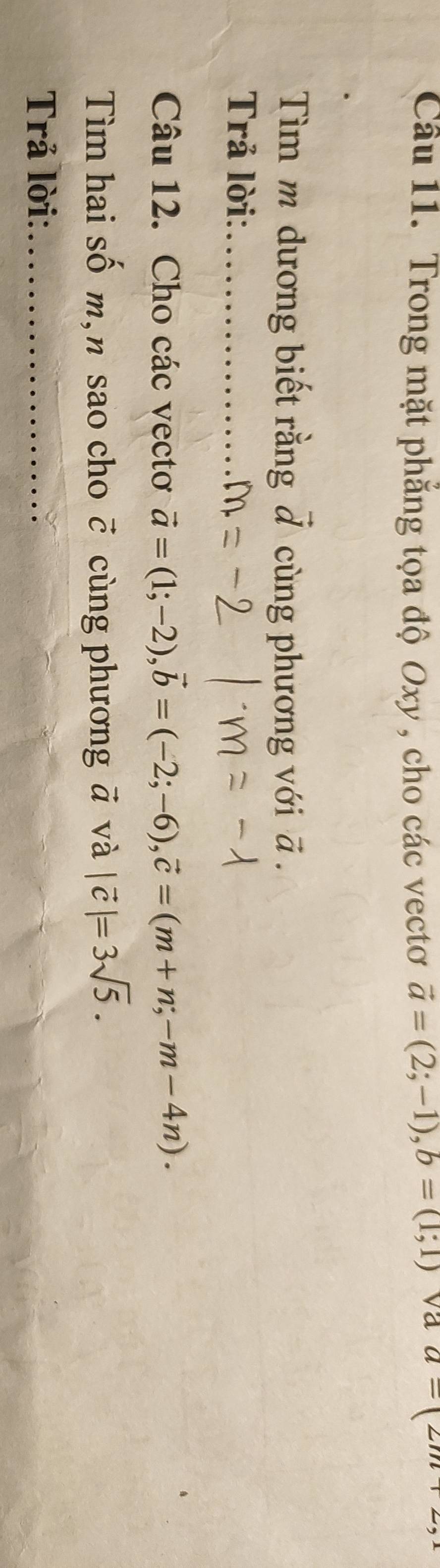 Trong mặt phẳng tọa độ Oxy , cho các vectơ vector a=(2;-1), b=(1;1) va a=(2m+2, 
Tìm m dương biết rằng vector d cùng phương với ā. 
Trả lời:_ 
Câu 12. Cho các vectơ vector a=(1;-2), vector b=(-2;-6), vector c=(m+n;-m-4n). 
Tìm hai số m, n sao cho vector C cùng phương vector a và |vector c|=3sqrt(5). 
Trả lời:_