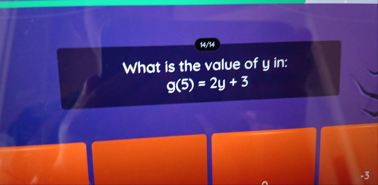 14/14 
What is the value of y in:
g(5)=2y+3
-3