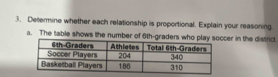 Determine whether each relationship is proportional. Explain your reasoning. 
a. The table shows the number of 6th -graders wher in the district.