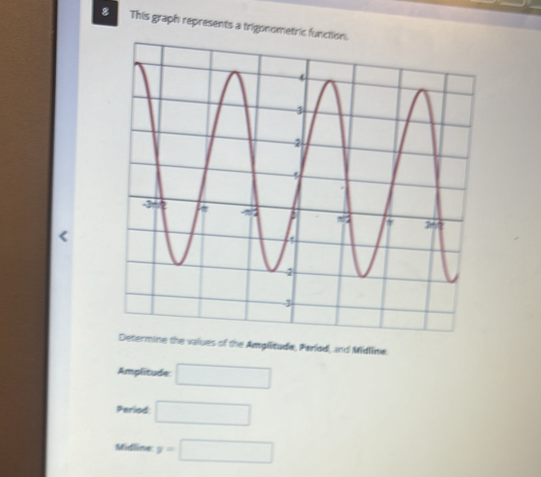 This graph represents a trigonome 
Determine the values of the Amplitude, Pariod, and Midline. 
Amplitude: □ 
Period □ 
Midline y=□