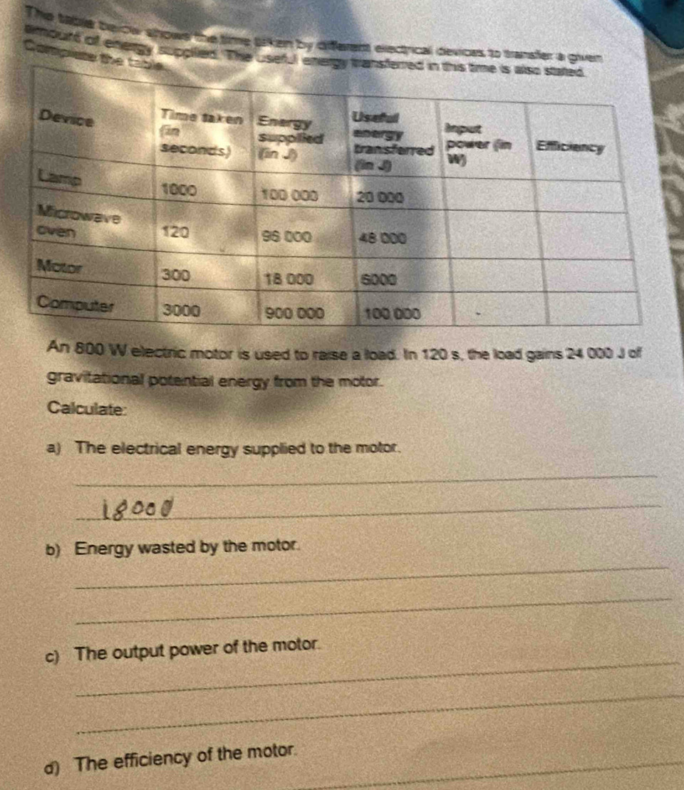 The table beiow showe the time siken by diferent electrical devices to tansfer a given 
amourt of energy slippilied. The us 
Compiete 
An 800 W electric motor is used to raise a load. In 120 s, the load gains 24 000 J of 
gravitational potential energy from the motor. 
Calculate: 
a) The electrical energy supplied to the motor. 
_ 
_ 
_ 
b) Energy wasted by the motor. 
_ 
_ 
c) The output power of the motor. 
_ 
d) The efficiency of the motor._