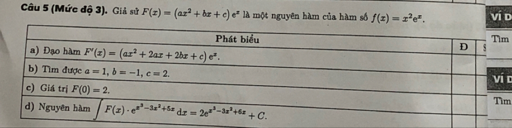 (Mức độ 3). Giả sử F(x)=(ax^2+bx+c)e^x là một nguyên hàm của hàm số f(x)=x^2e^x. Vi D
m
c
m